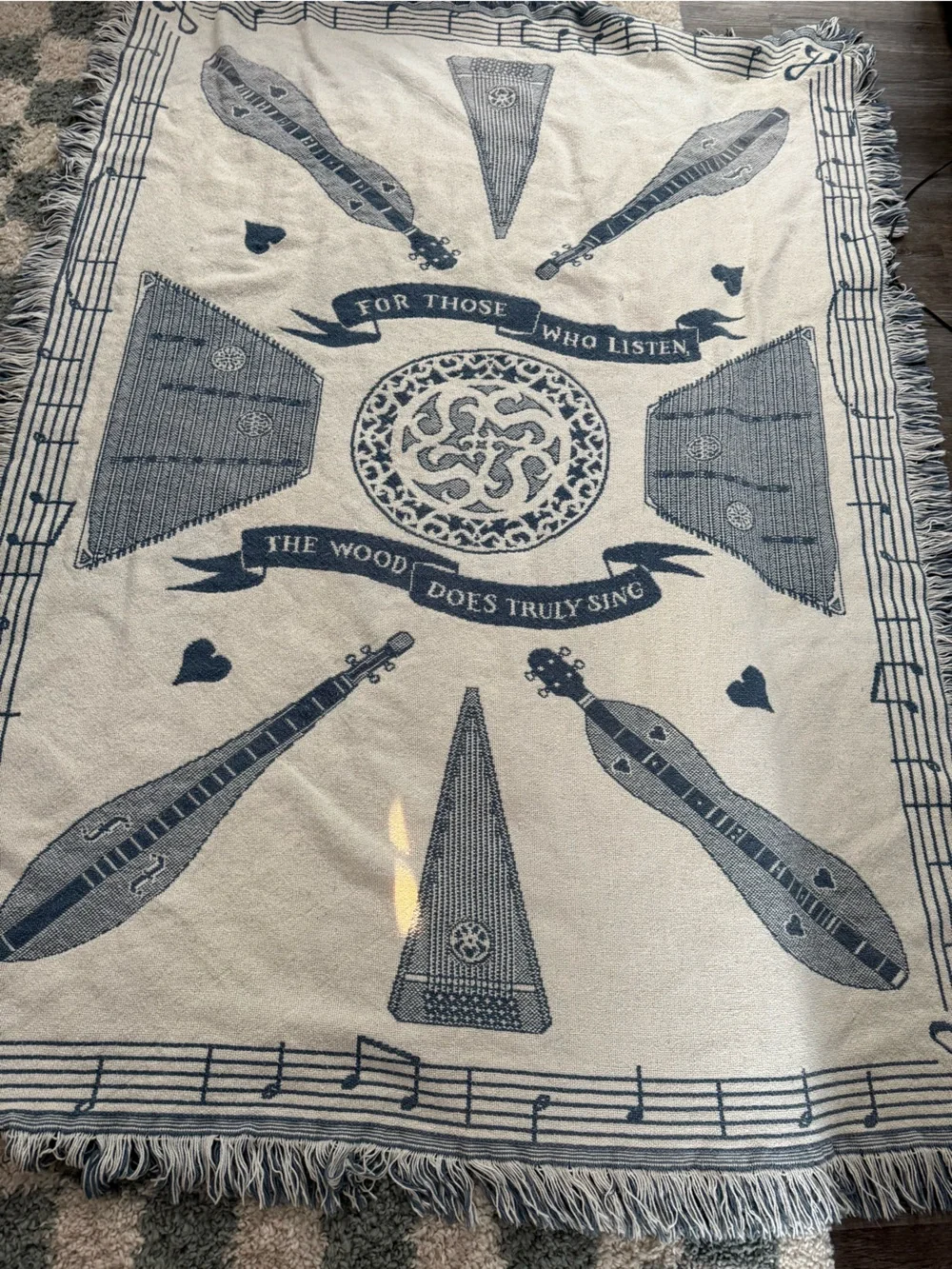 VTG RARE Music Lover Heart Pattern Fringe Tapestry Throw Blanket Navy Beige